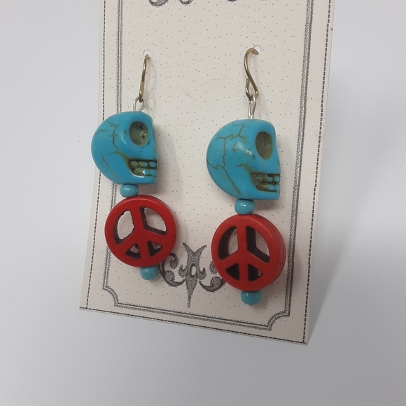 Handmade Peace & Skull Earrings Repurposed Beads - Picture 5 of 8